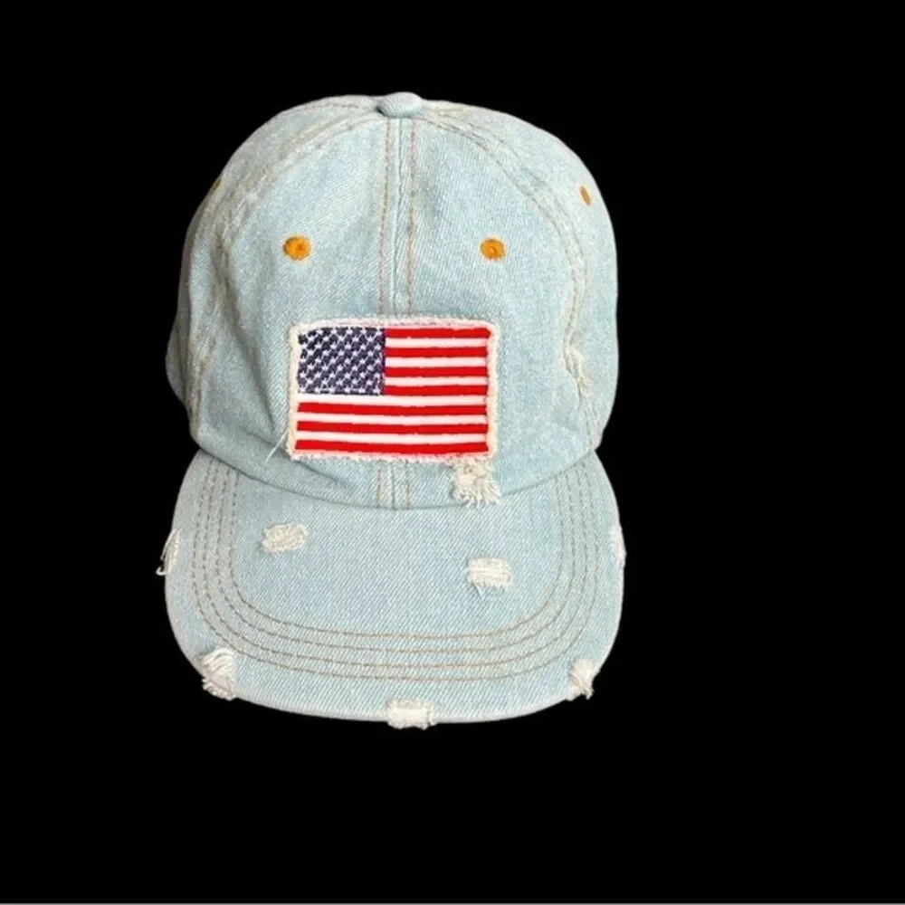 David and Young Baseball hat in distressed denim USA American flag patch…